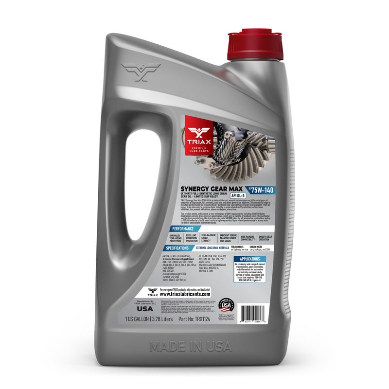 TRIAX Synergy Gear MAX 75W-140 GL-5, PAO Synthetic Long-Drain Axle, Differential Extreme Pressure Oil, Limited Slip Ready, 750,000 Mile Rating on Highway (1 Gal) - Image 2